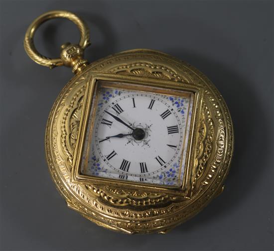 An engraved 18ct gold fob watch with Roman dial and shaped glass panel.